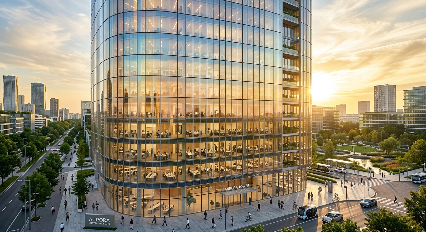 Rascacielos de cristal Aurora Tower al atardecer, con oficinas visibles y un entorno urbano moderno y sostenible