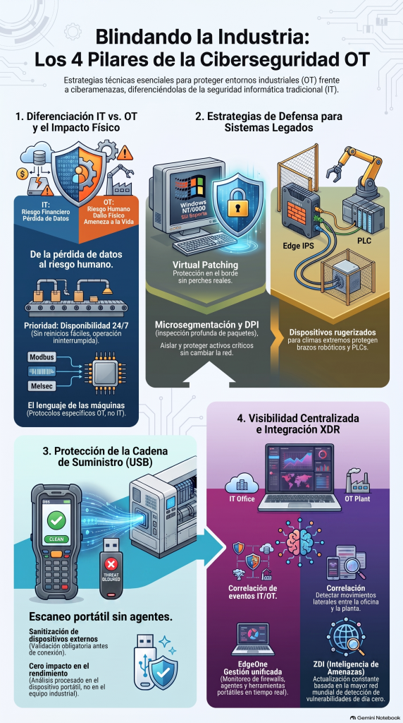 Los 4 pilares de la ciberseguridad OT: diferenciación IT vs. OT, defensa de sistemas legados, protección de la cadena de suministro USB y visibilidad centralizada con integración XDR