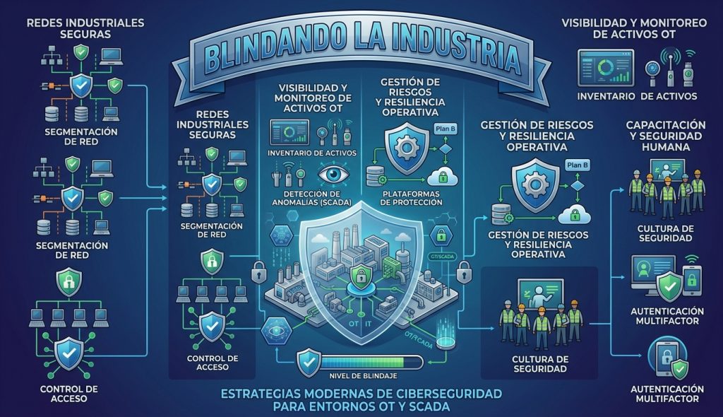 Estrategias de ciberseguridad industrial para entornos OT y SCADA: redes seguras, monitoreo de activos, gestión de riesgos y cultura de seguridad