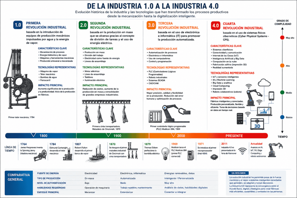 Infografía sobre la evolución de la Industria 1.0 a la 4.0, sus tecnologías clave, impacto y línea de tiempo