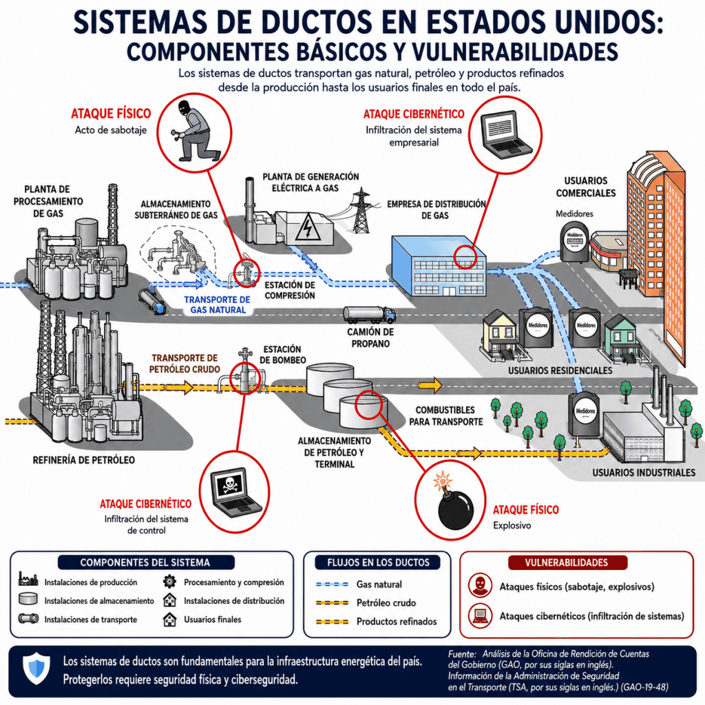 Diagrama del sistema de ductos en EE. UU., mostrando sus componentes, rutas de distribución y vulnerabilidades ante ataques físicos y cibernéticos