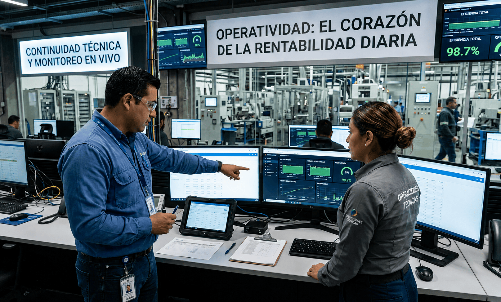 Dos profesionales de operaciones técnicas revisando pantallas de monitoreo en vivo en un centro de control industrial
