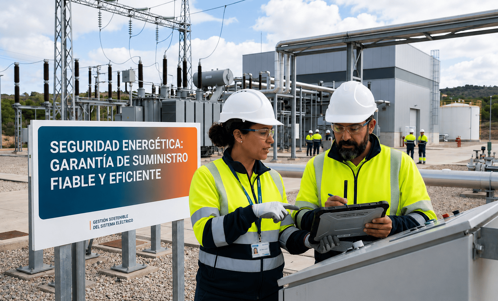 Dos ingenieros en una subestación eléctrica junto a un cartel con el texto SEGURIDAD ENERGÉTICA: GARANTÍA DE SUMINISTRO FIABLE Y EFICIENTE