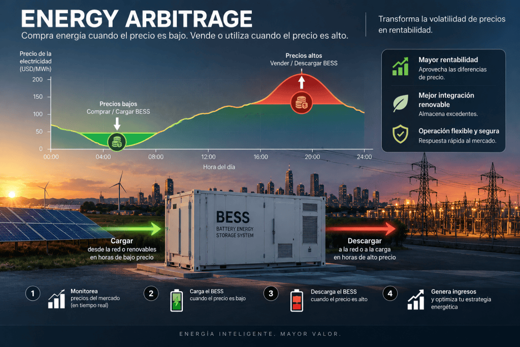 Arbitraje de energía: gráfico que explica la carga del sistema BESS cuando el precio es bajo y su descarga cuando es alto