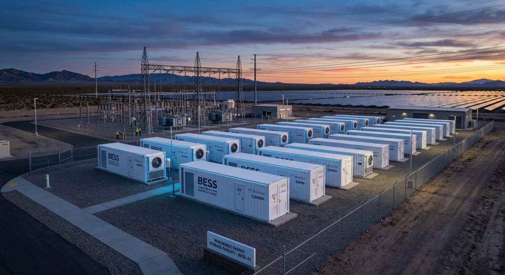 Instalación de almacenamiento de energía por baterías BESS junto a un parque solar al atardecer