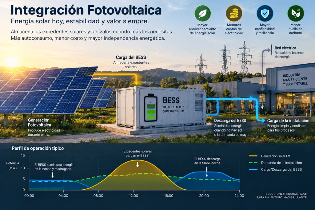 Diagrama de integración fotovoltaica con BESS y gráfica del perfil diario de generación, carga y descarga de energía