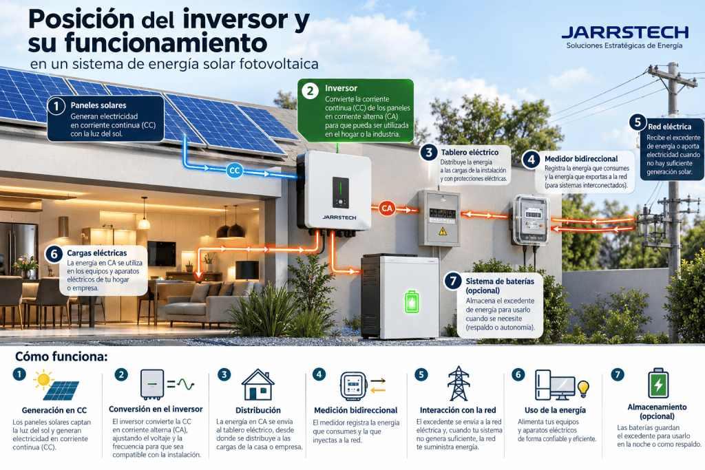 Diagrama de la posición y funcionamiento del inversor en un sistema de energía solar fotovoltaica