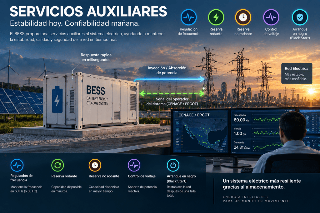 Infografía sobre los servicios auxiliares que un sistema BESS aporta para la estabilidad y confiabilidad de la red eléctrica