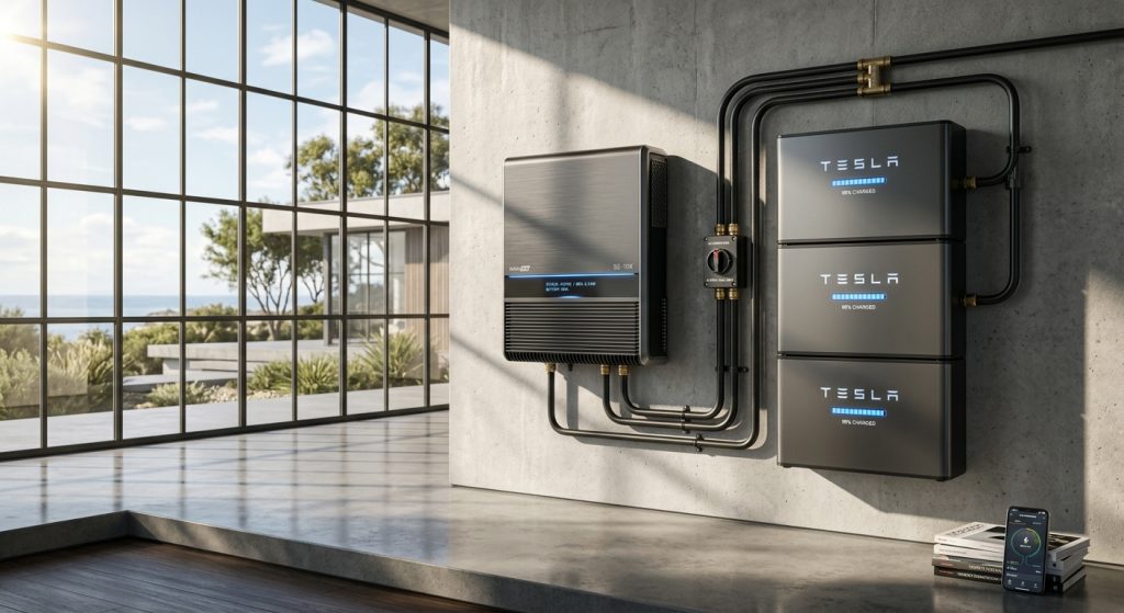 Sistema de energía residencial con inversor y tres baterías Tesla montadas en la pared