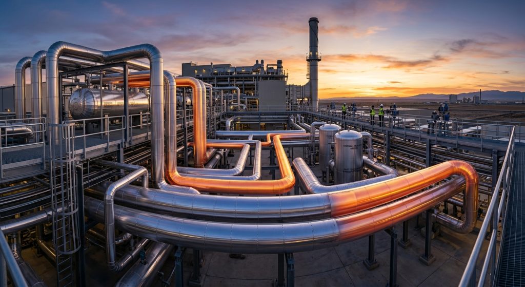 Tuberías metálicas en una planta industrial al atardecer bajo un cielo anaranjado