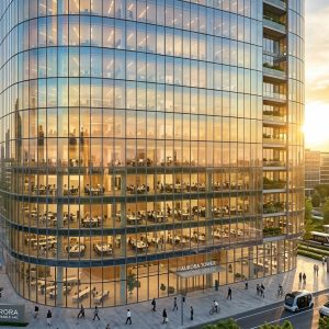 Rascacielos de cristal Aurora Tower al atardecer, con oficinas visibles y un entorno urbano moderno y sostenible